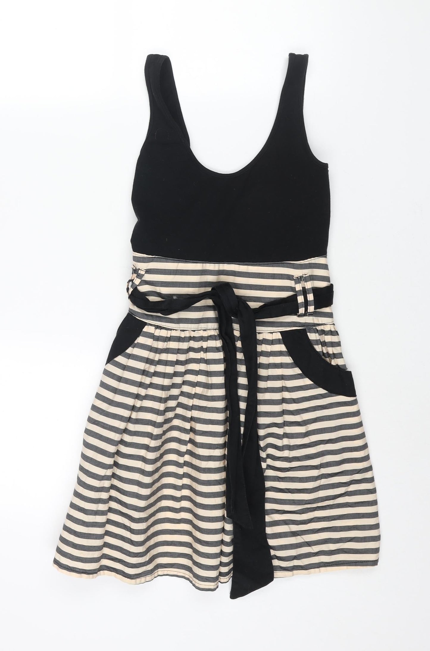 Annie Greenabelle Womens Black Cotton Fit & Flare Size 10 Scoop Neck Zip - Stripe Print Belted
