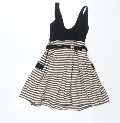Annie Greenabelle Womens Black Cotton Fit & Flare Size 10 Scoop Neck Zip - Stripe Print Belted