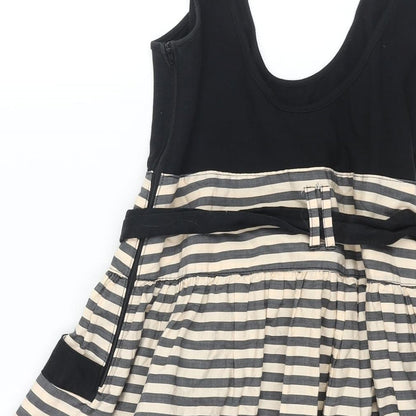 Annie Greenabelle Womens Black Cotton Fit & Flare Size 10 Scoop Neck Zip - Stripe Print Belted