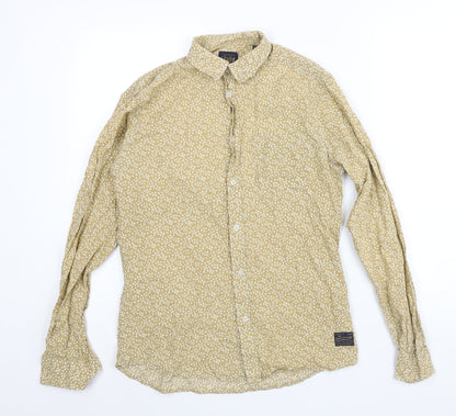 !Solid Mens Beige Geometric Polyester Button-Up Size M Collared Button
