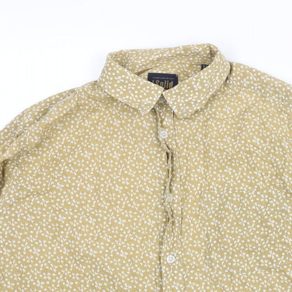 !Solid Mens Beige Geometric Polyester Button-Up Size M Collared Button