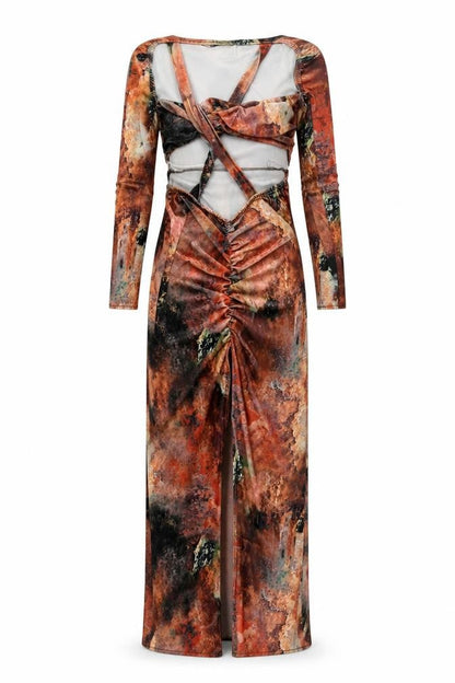 PRETTYLITTLETHING Womens Multicoloured Geometric Polyester Maxi Size 14 V-Neck Pullover - Twist Detail Cut Out Rouched Marble Print
