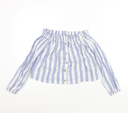 Miss Selfridge Womens Blue Striped Linen Basic Blouse Size 4 Off the Shoulder - Button Detail