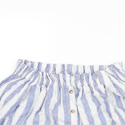 Miss Selfridge Womens Blue Striped Linen Basic Blouse Size 4 Off the Shoulder - Button Detail