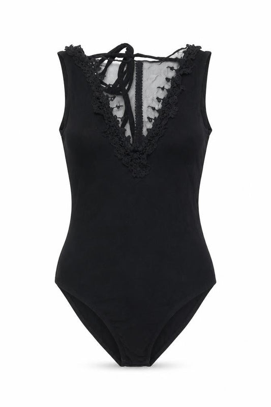 Front view of Miss Selfridge women’s black viscose bodysuit one-piece, size UK 8, tie - mesh detail lace trim open back