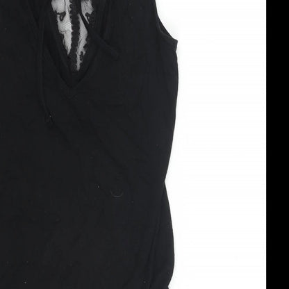 Miss Selfridge Womens Black Viscose Bodysuit One-Piece Size 8 Tie - Mesh Detail Lace Trim Open Back