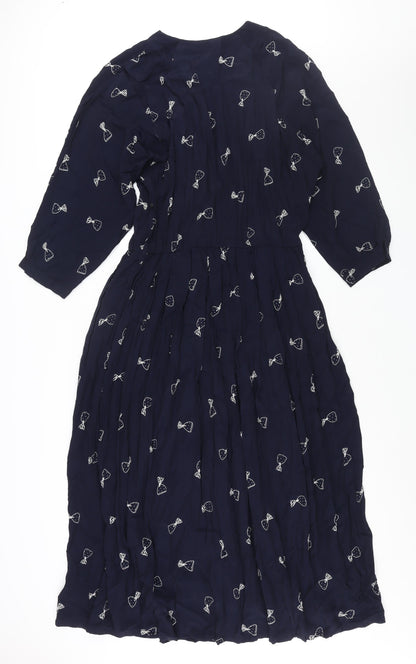 Cartoon Womens Blue Geometric Viscose Maxi Size 14 Round Neck Button - Vintage