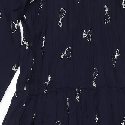 Cartoon Womens Blue Geometric Viscose Maxi Size 14 Round Neck Button - Vintage