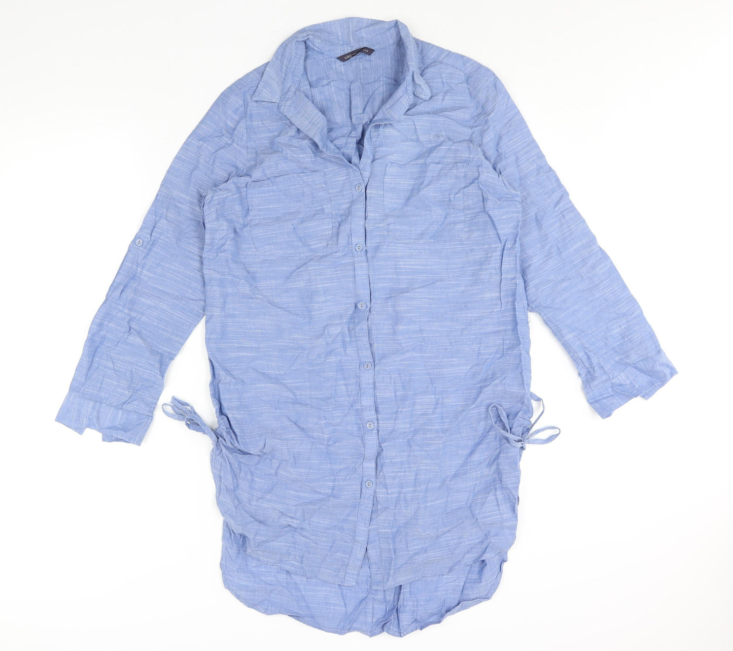 Marks and Womens Blue Cotton Shirt Dress Size 12 Collared Button - Drawstring Detail