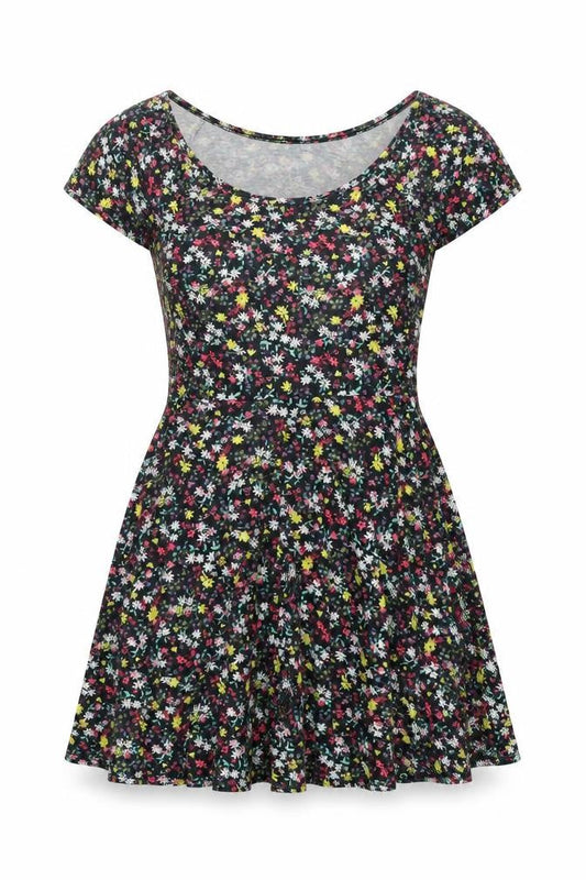 Front view of Club L women’s multicoloured floral polyester a-line, size UK 8, scoop neck pullover - cross back cut out