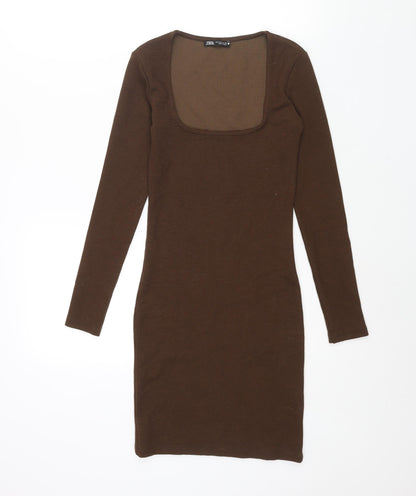 Zara Womens Brown Polyester Bodycon Size S Scoop Neck Pullover - Ribbed