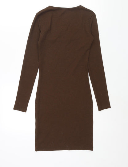 Zara Womens Brown Polyester Bodycon Size S Scoop Neck Pullover - Ribbed