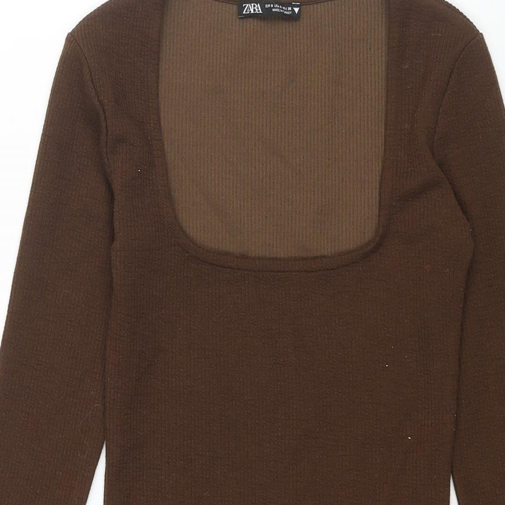 Zara Womens Brown Polyester Bodycon Size S Scoop Neck Pullover - Ribbed