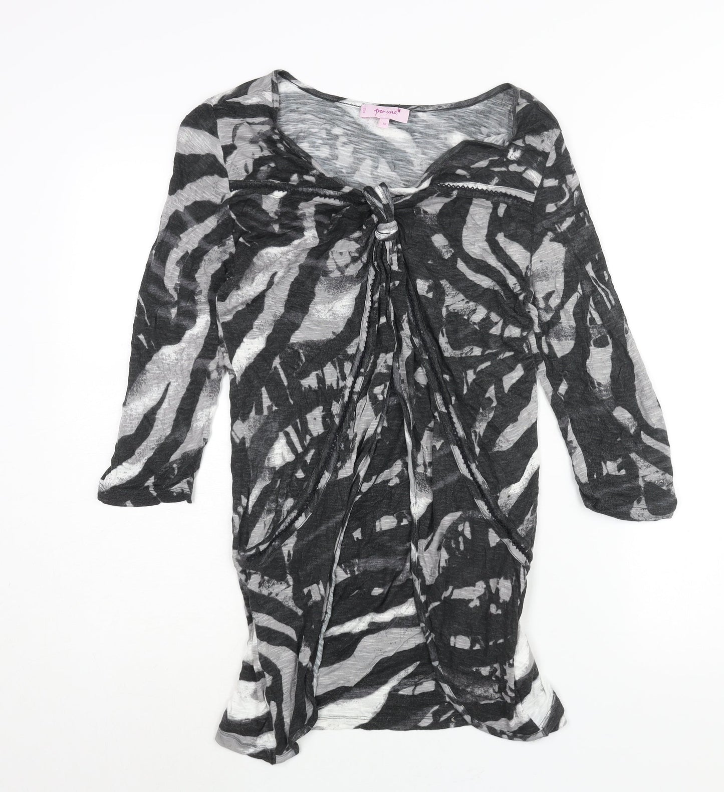 Per Una Womens Grey Geometric Viscose Shift Size 14 Scoop Neck Pullover - Knot Vent Detail