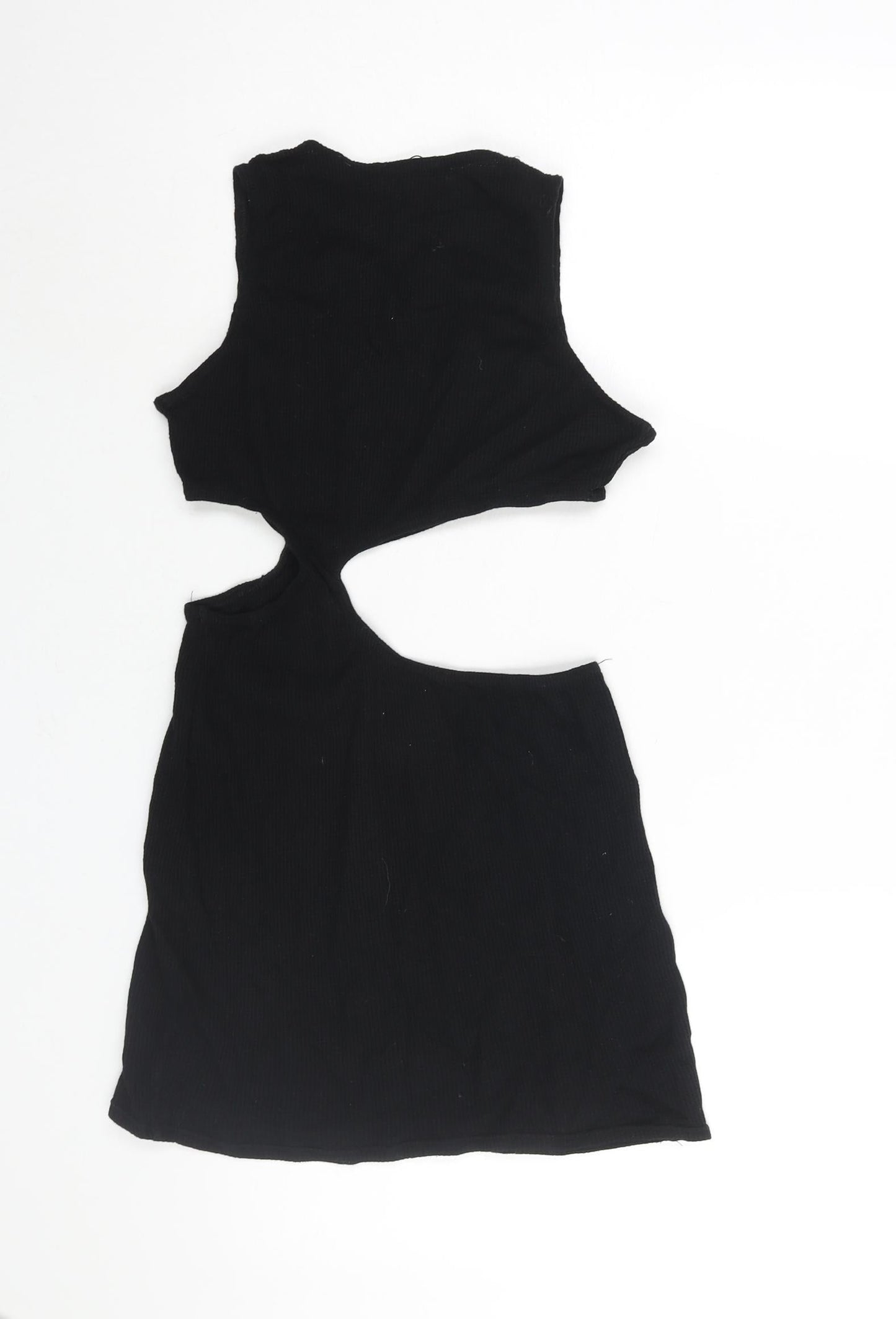 PRETTYLITTLETHING Womens Black Polyester Mini Size 10 Round Neck Pullover - Cut Out Waffle