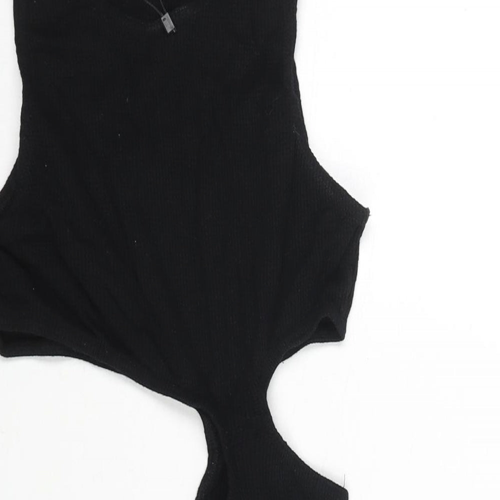 PRETTYLITTLETHING Womens Black Polyester Mini Size 10 Round Neck Pullover - Cut Out Waffle