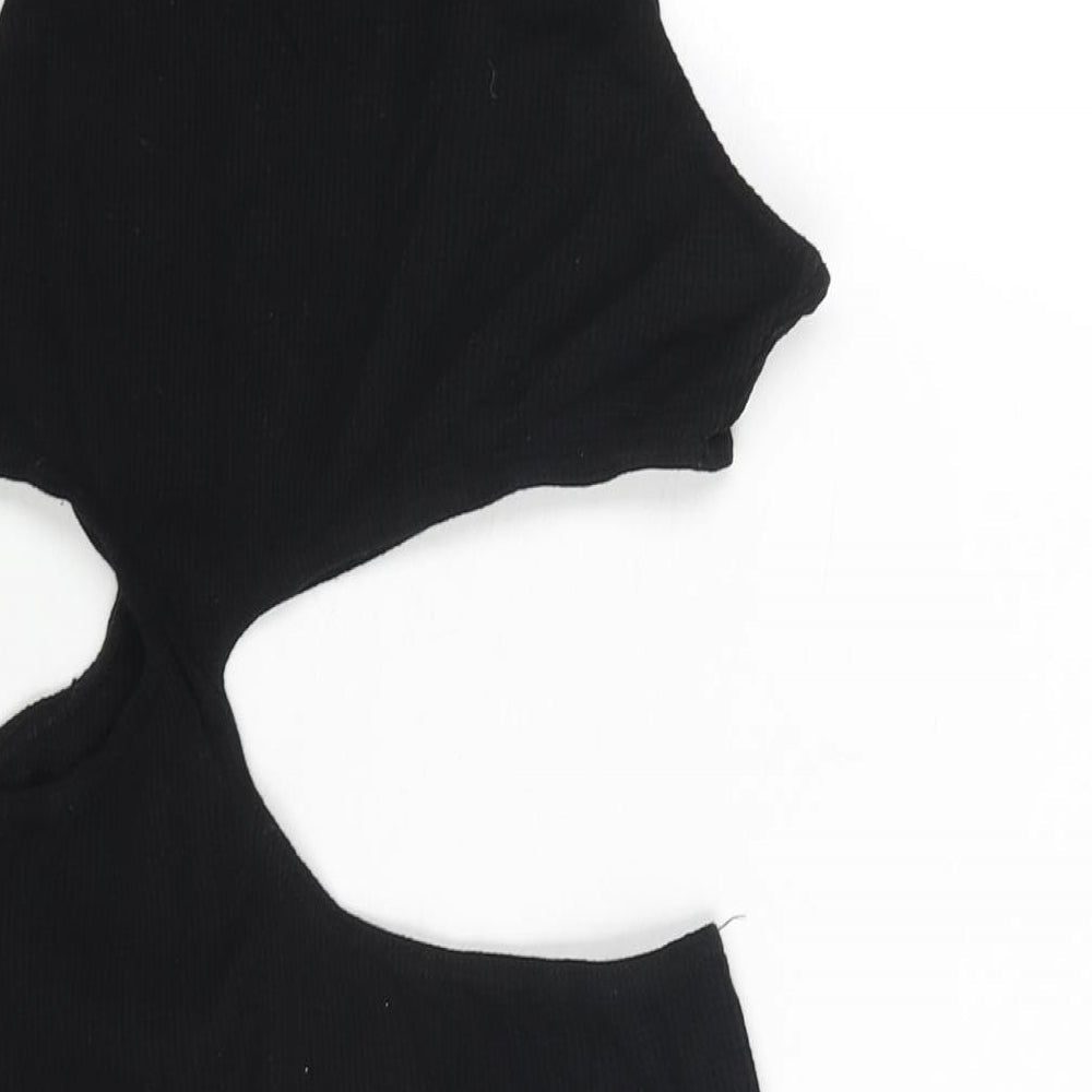 PRETTYLITTLETHING Womens Black Polyester Mini Size 10 Round Neck Pullover - Cut Out Waffle