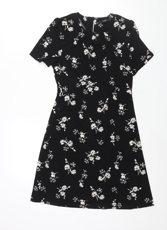 NEXT Womens Black Geometric Polyester Shift Size 6 Round Neck Button - Floral Print