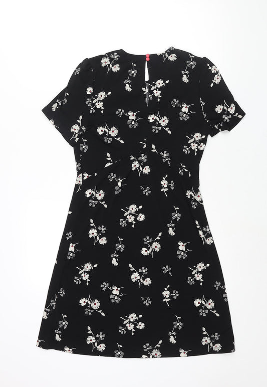 NEXT Womens Black Geometric Polyester Shift Size 6 Round Neck Button - Floral Print