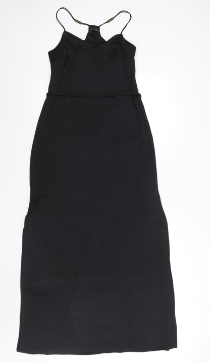 River Island Womens Black Polyester Maxi Size 10 V-Neck Pullover - Side Slits Belted