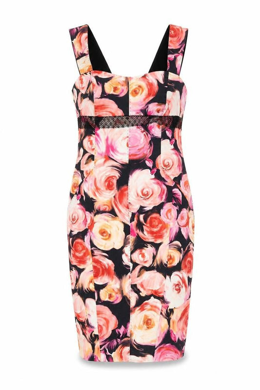 Front view of Vera Mont women’s multicoloured floral cotton pencil dress, size UK 12, sweetheart zip - lace waistband detail