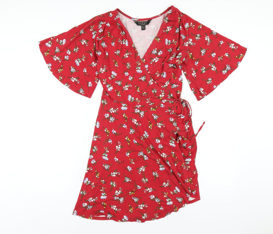 Lipsy Womens Red Floral Viscose Wrap Dress Size 12 V-Neck Tie