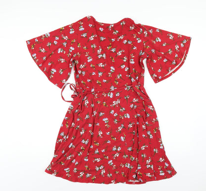 Lipsy Womens Red Floral Viscose Wrap Dress Size 12 V-Neck Tie