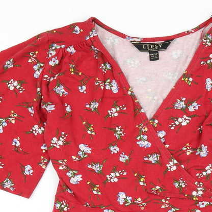 Lipsy Womens Red Floral Viscose Wrap Dress Size 12 V-Neck Tie