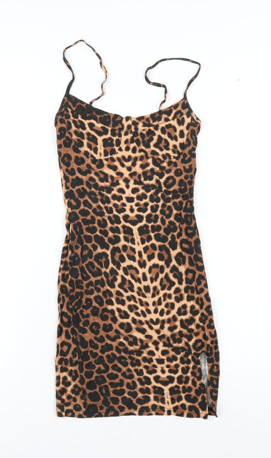 PRETTYLITTLETHING Womens Brown Animal Print Viscose Bodycon Size 2 V-Neck Pullover - Leopard Print