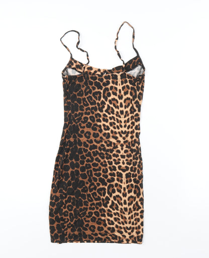 PRETTYLITTLETHING Womens Brown Animal Print Viscose Bodycon Size 2 V-Neck Pullover - Leopard Print