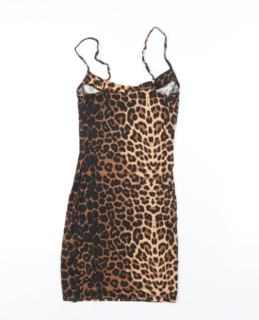 PRETTYLITTLETHING Womens Brown Animal Print Viscose Bodycon Size 2 V-Neck Pullover - Leopard Print