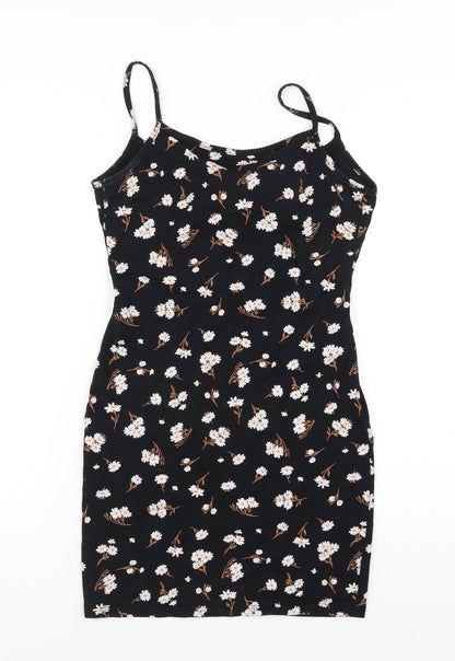 Miss Selfridge Womens Black Floral Cotton Bodycon Size 10 Square Neck Pullover