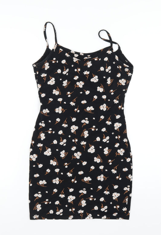 Miss Selfridge Womens Black Floral Cotton Bodycon Size 10 Square Neck Pullover