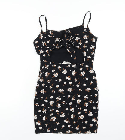 Miss Selfridge Womens Black Floral Cotton Bodycon Size 10 Square Neck Pullover
