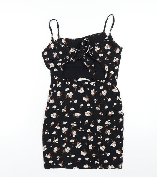 Miss Selfridge Womens Black Floral Cotton Bodycon Size 10 Square Neck Pullover