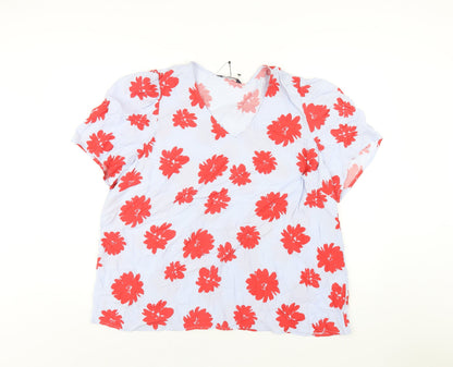 Marks and Spencer Womens Blue Floral Viscose Basic T-Shirt Size 22 V-Neck