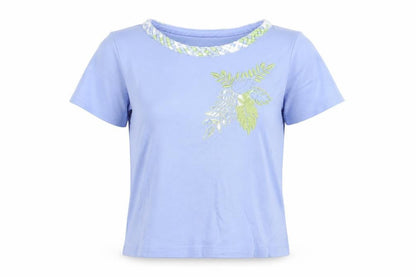 Emreco Womens Blue Geometric Cotton Basic T-Shirt Size 12 Round Neck