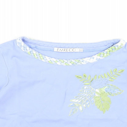 Emreco Womens Blue Geometric Cotton Basic T-Shirt Size 12 Round Neck