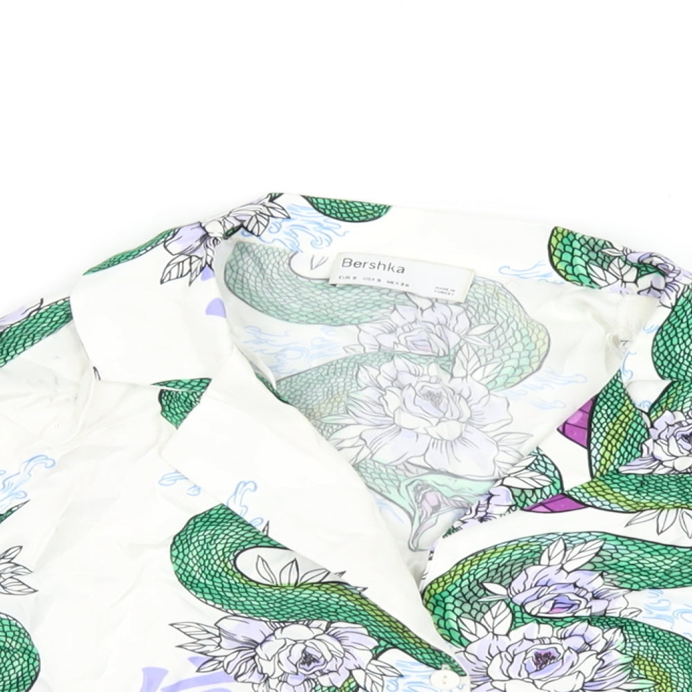 Bershka Womens Multicoloured Geometric Polyester Cropped Button-Up Size S Collared