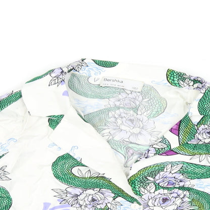 Bershka Womens Multicoloured Geometric Polyester Cropped Button-Up Size S Collared