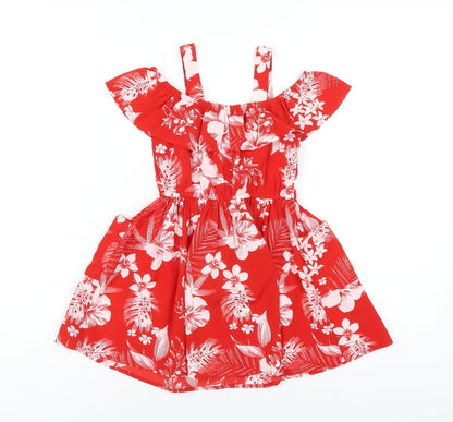 NEXT Girls Red Geometric Polyester A-Line Size 4 Years Off the Shoulder Pullover