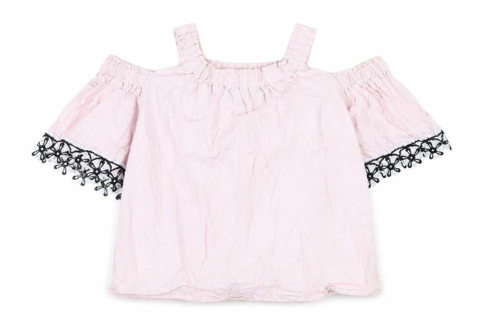 Front view of River Island girls’ pink cotton basic t-shirt, size 7-8, years off the shoulder pullover