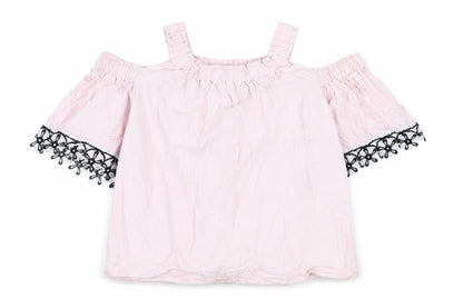 Front view of River Island girls’ pink cotton basic t-shirt, size 7-8, years off the shoulder pullover