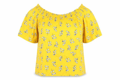 Marks and Spencer Womens Yellow Floral Viscose Basic T-Shirt Size 14 Off the Shoulder