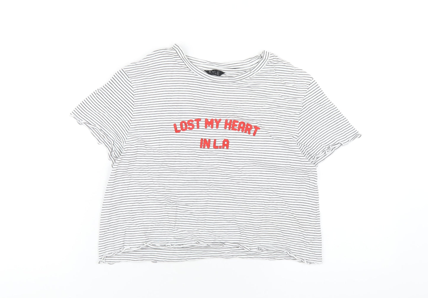 M&Co Girls White Striped Cotton Cropped T-Shirt Size 13 Years Round Neck Pullover
