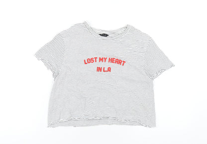 M&Co Girls White Striped Cotton Cropped T-Shirt Size 13 Years Round Neck Pullover