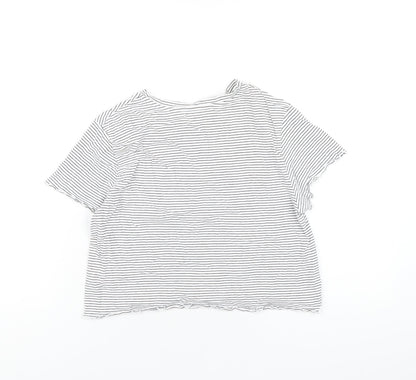 M&Co Girls White Striped Cotton Cropped T-Shirt Size 13 Years Round Neck Pullover