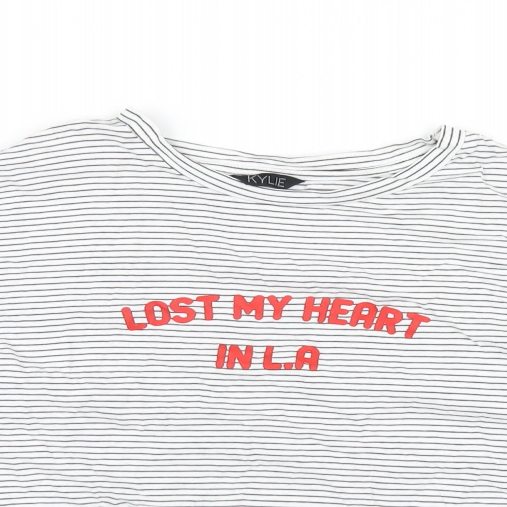 M&Co Girls White Striped Cotton Cropped T-Shirt Size 13 Years Round Neck Pullover