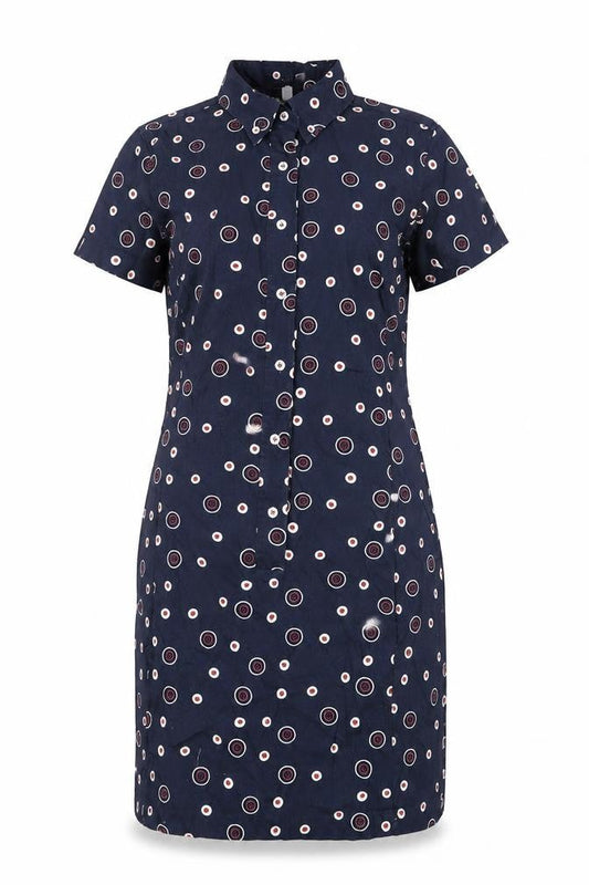 Front view of ESPRIT women’s blue geometric cotton shirt dress, size UK 12, collared button