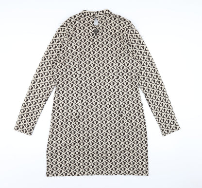 New Look Womens Beige Geometric Polyester Bodycon Size 12 Mock Neck Button